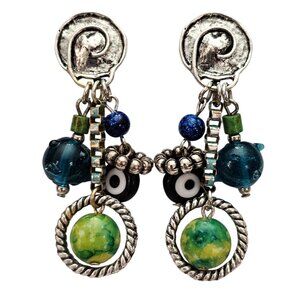 Silver Tone Swirl Disc Clip On Glass Blue Sputnik Bead Charm Dangle Earring C722